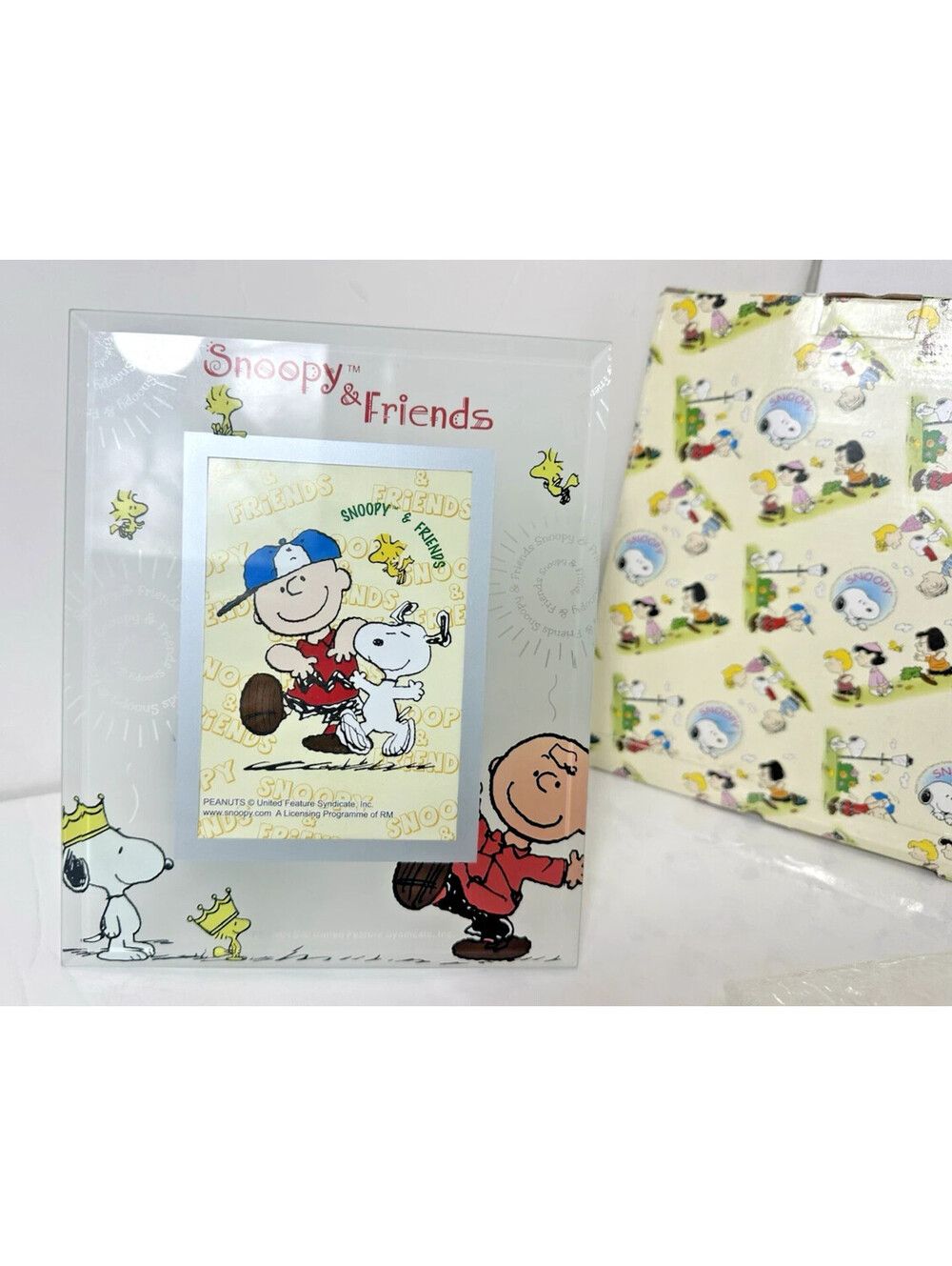 Vintage Peanuts Snoopy Charlie Brown Frosted Glass Picture Frame 8x7 NIB Box